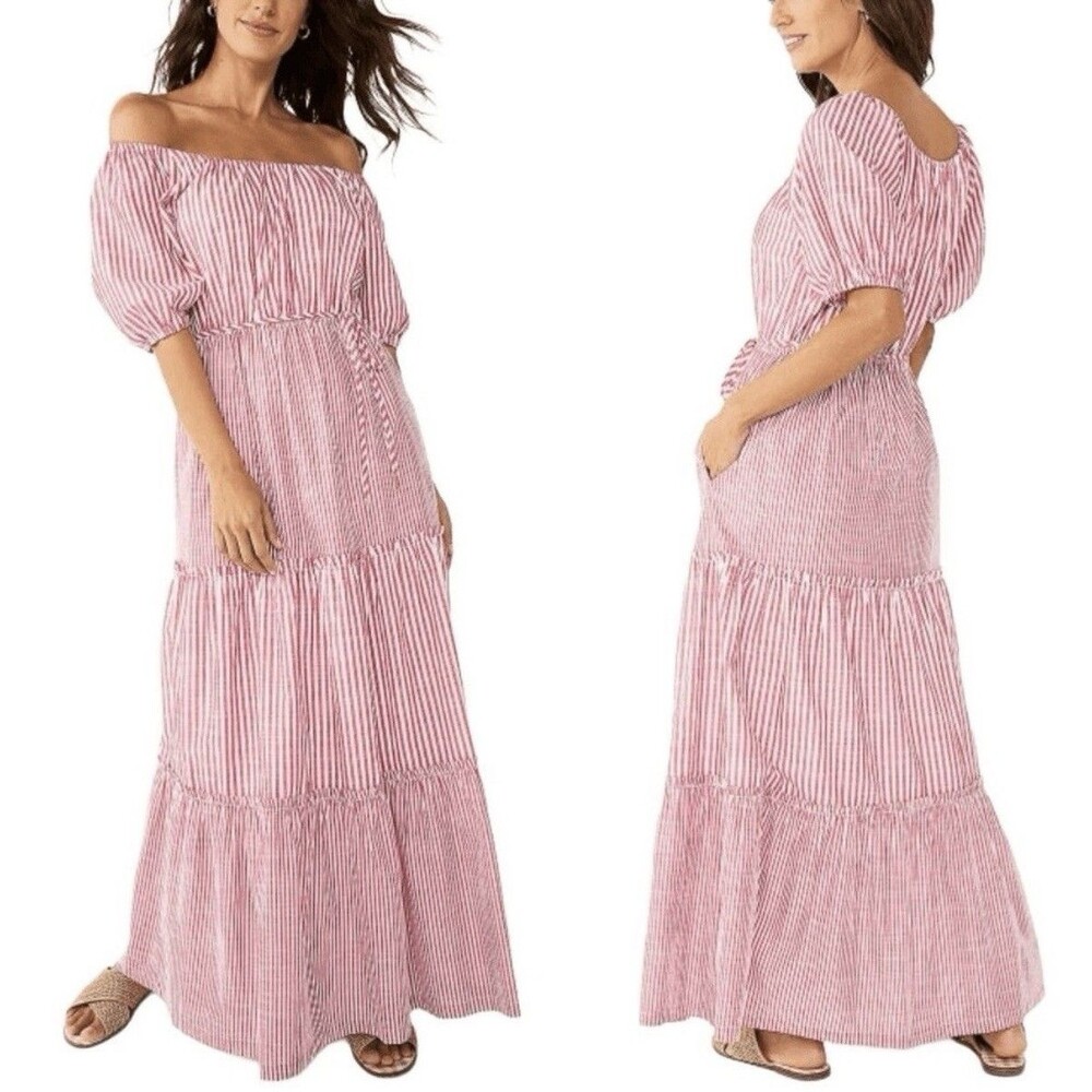 Draper James RSVP Women’s L Red White Striped Puff Sleeve Tiered Maxi Dress NWOT